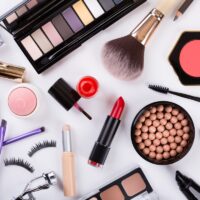 top view of makeup cosmetics set top view of makeup cosmetics set