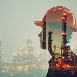Double exposure of engineer in safety helmet with oil plant.