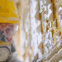 A close up of a professional using a respirator and safety glasses while carefully removing lead paint from damaged drywall, A close up of a professional using a respirator and safety glasses while carefully removing lead paint from damaged drywall,