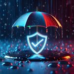 Futuristic tech insurance concept. Shield protected by umbrella.