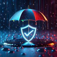 Futuristic tech insurance concept. Shield protected by umbrella.