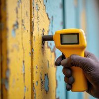 Testing old wooden wall for lead paint using professional lead paint tester. Hand holds device showing results. Home renovation, home improvement, safety. Construction checking old house. Testing old wooden wall for lead paint using professional lead paint tester. Hand holds device showing results. Home renovation, home improvement, safety. Construction checking old house.